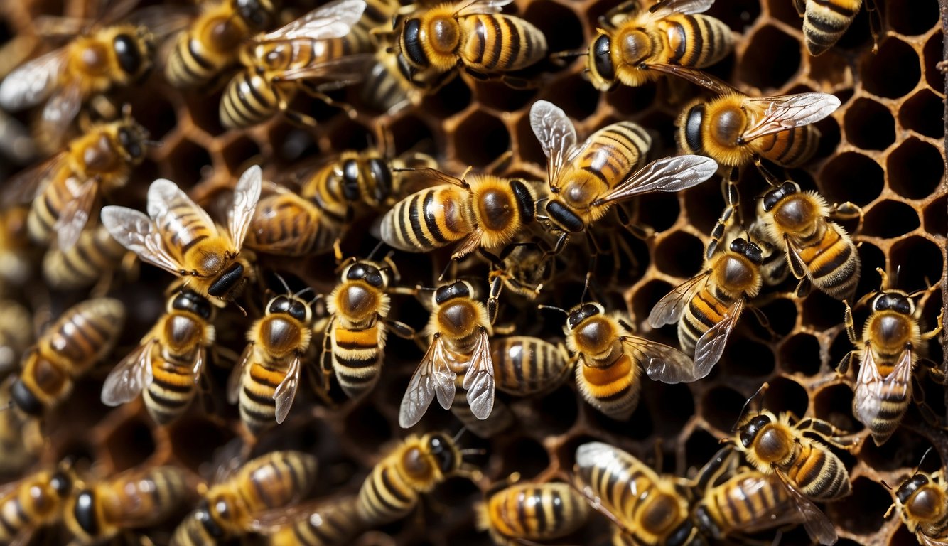 Bees busily work in a hive, with some tending to larvae, others gathering nectar, and a queen laying eggs.

The hive is organized and bustling with activity