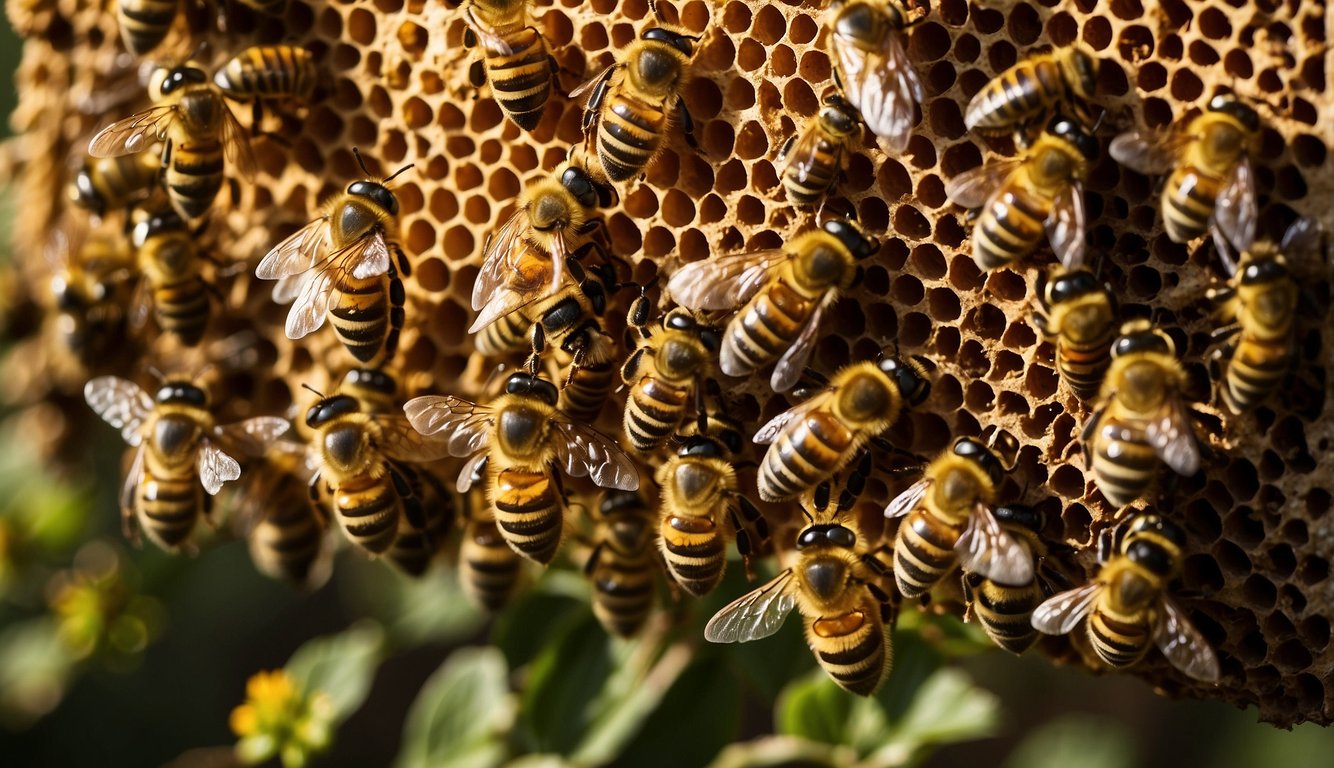 A bustling hive with bees tending to their queen, collecting nectar, and building intricate honeycombs.

Surrounding flora and fauna contribute to their environment