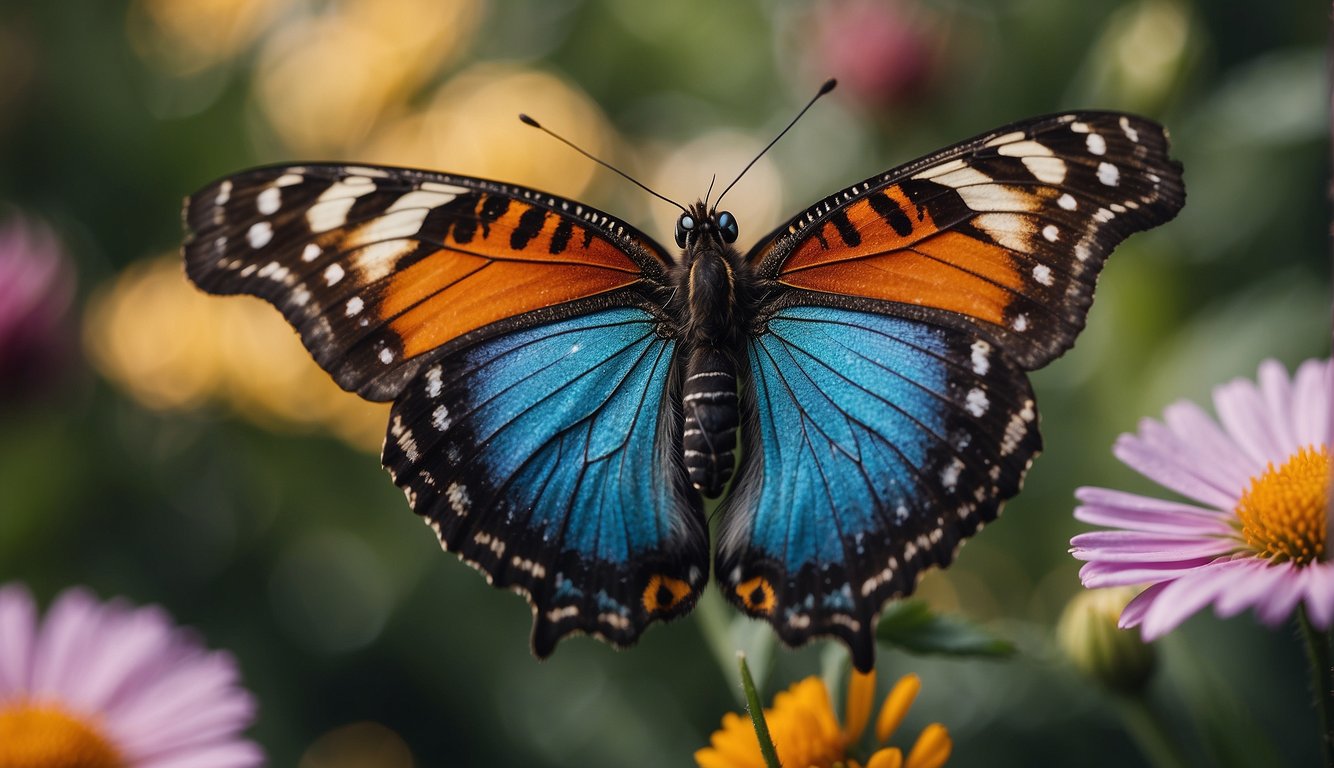 A butterfly with vibrant, iridescent wings hovers near a delicate flower, showcasing the intricate patterns and colors of its wing scales