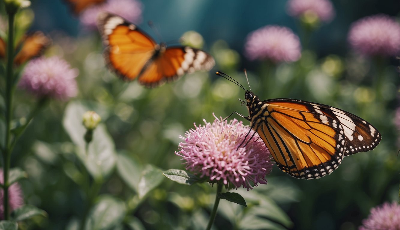 Butterflies fluttering around vibrant flowers, showcasing their colorful wings and delicate movements