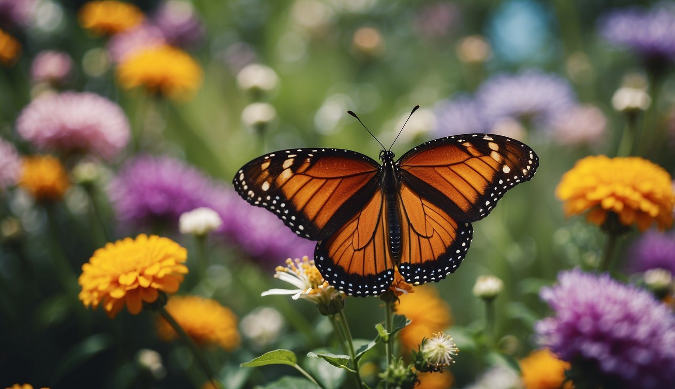 Colorful butterflies flutter among vibrant flowers, their delicate wings creating a mesmerizing display of nature's beauty