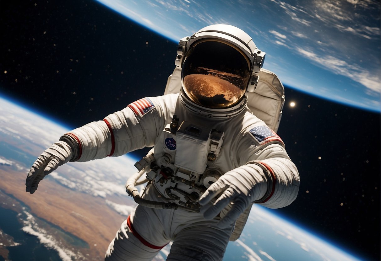 Astronaut floating outside spacecraft, Earth in background, stars shining, space suit and equipment visible