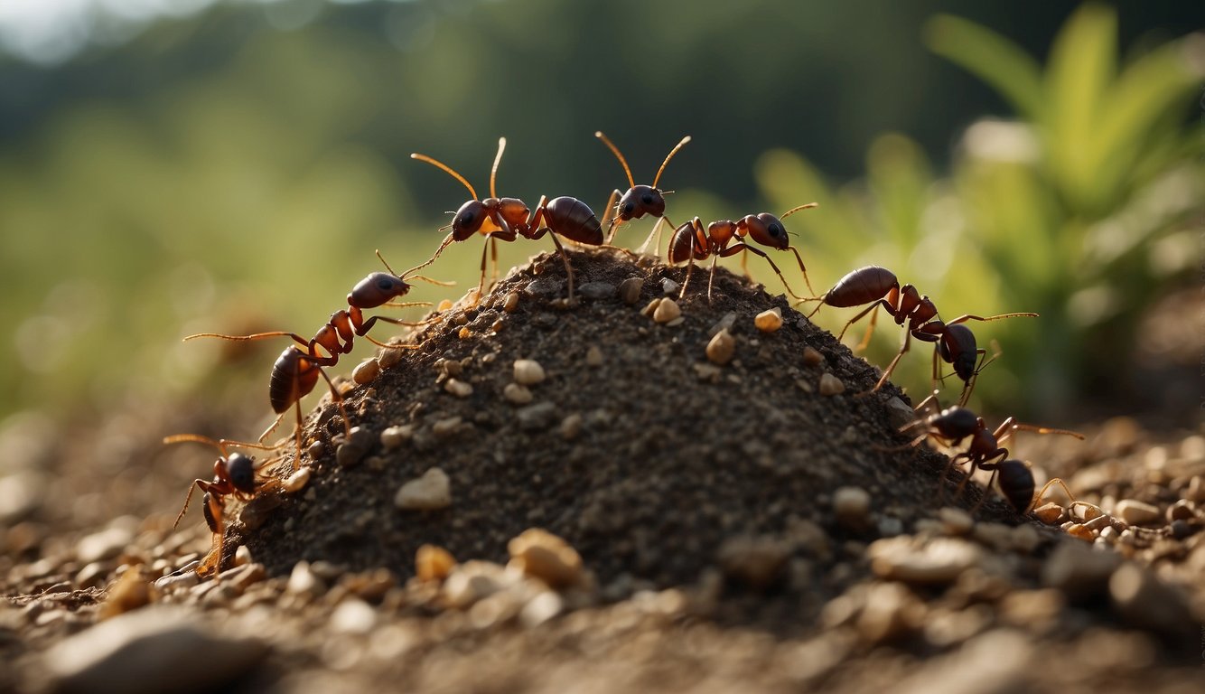 A colony of ants working together to carry a large piece of food back to their nest, showcasing their strength and teamwork in the insect world