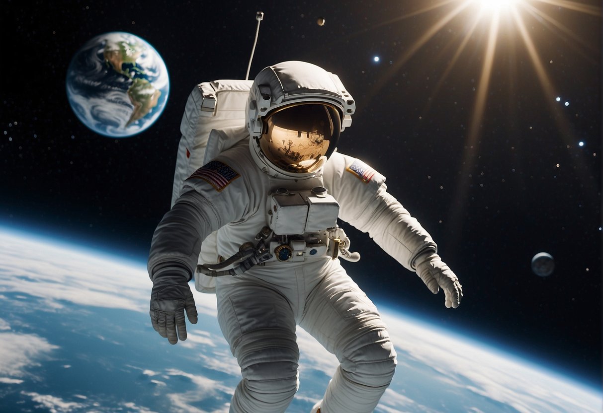 Astronaut floats outside spacecraft, tethered to it, with Earth in background. Sunlight reflects off helmet visor