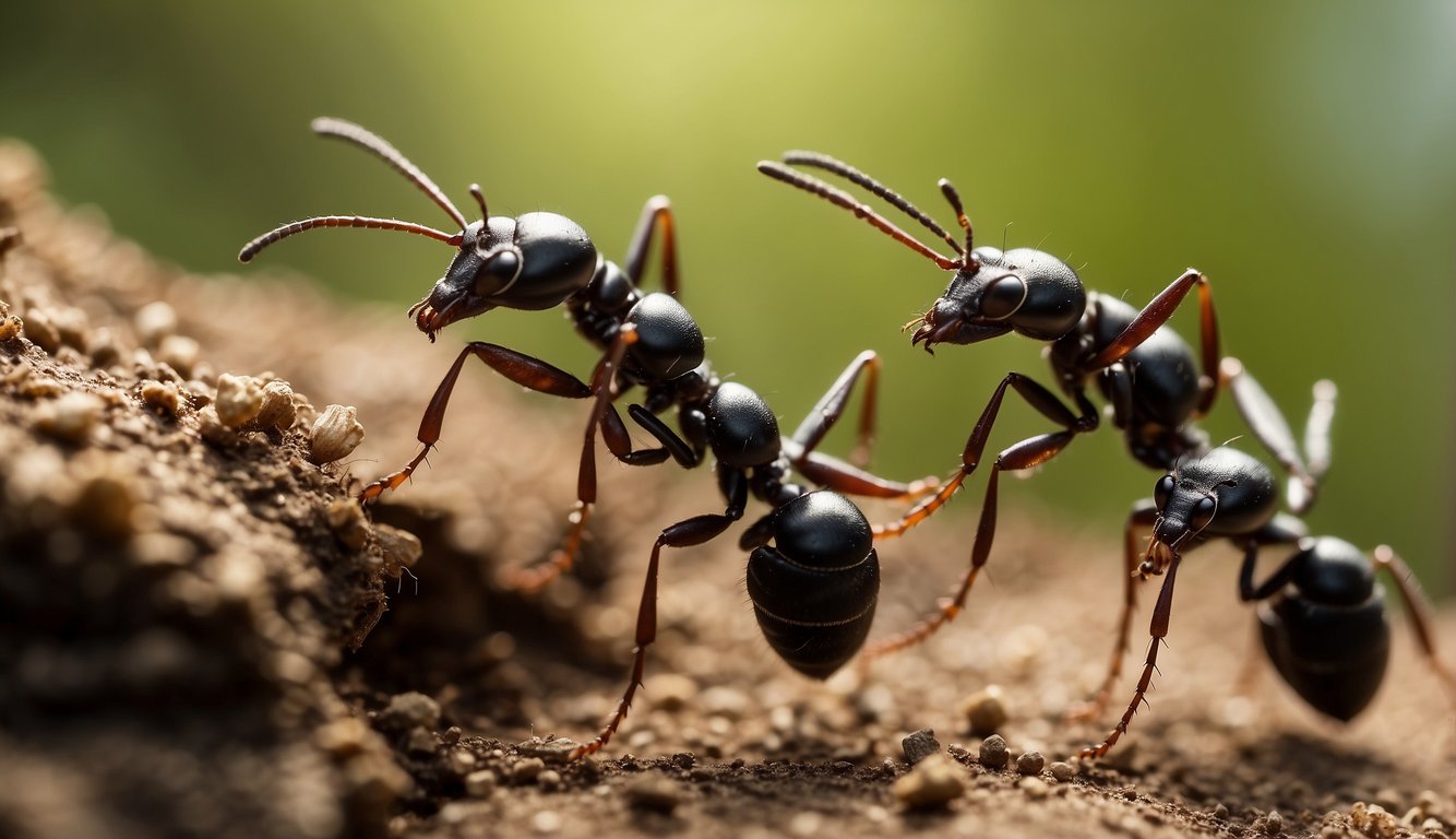 A group of ants work together to lift and move a large object, showcasing their strength and teamwork in the insect world