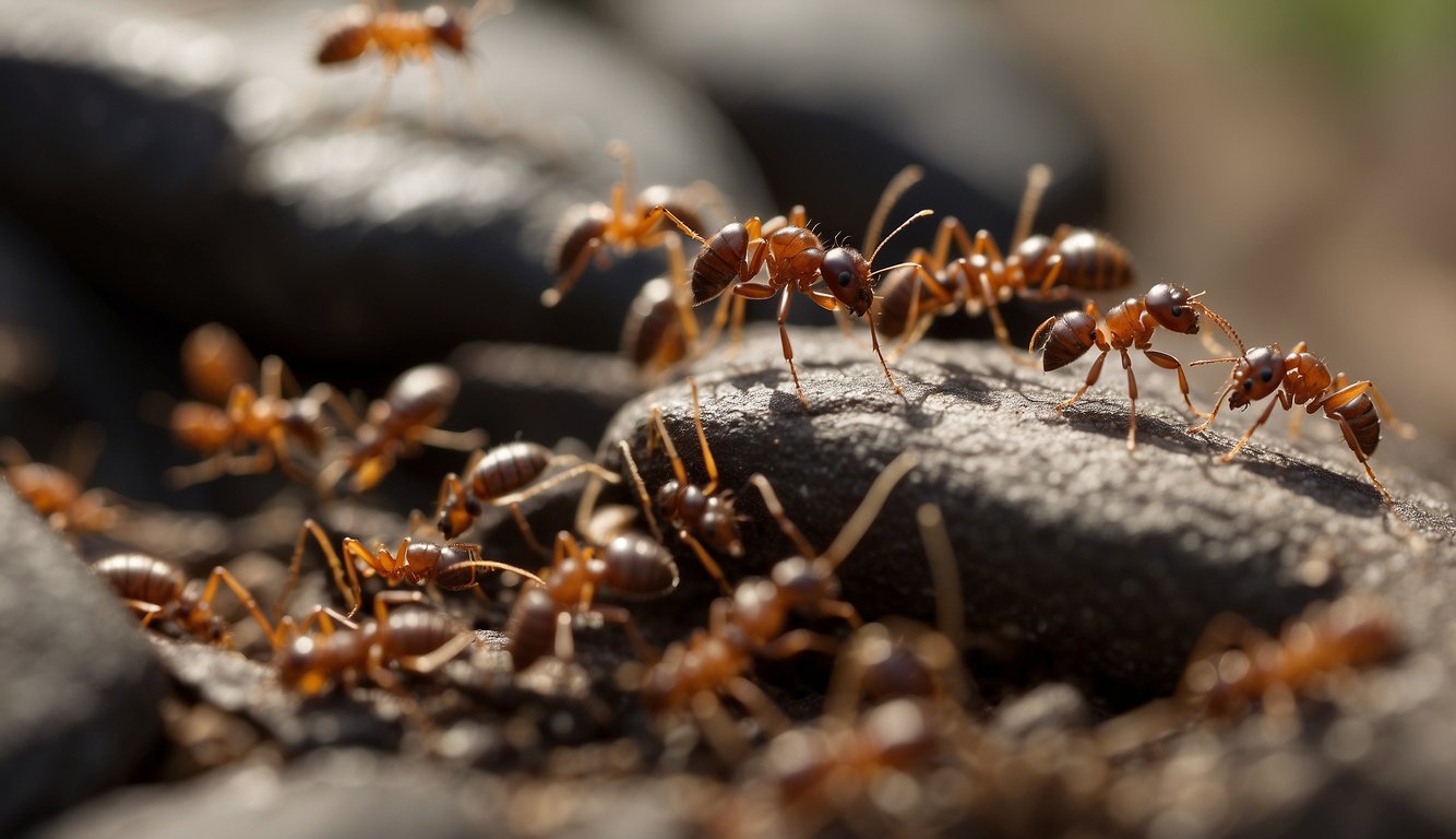 An ant colony busily forages for food, workers carrying heavy loads while others tend to the queen and her offspring.

The ants move in an organized and efficient manner, showcasing their strength and teamwork in the insect world