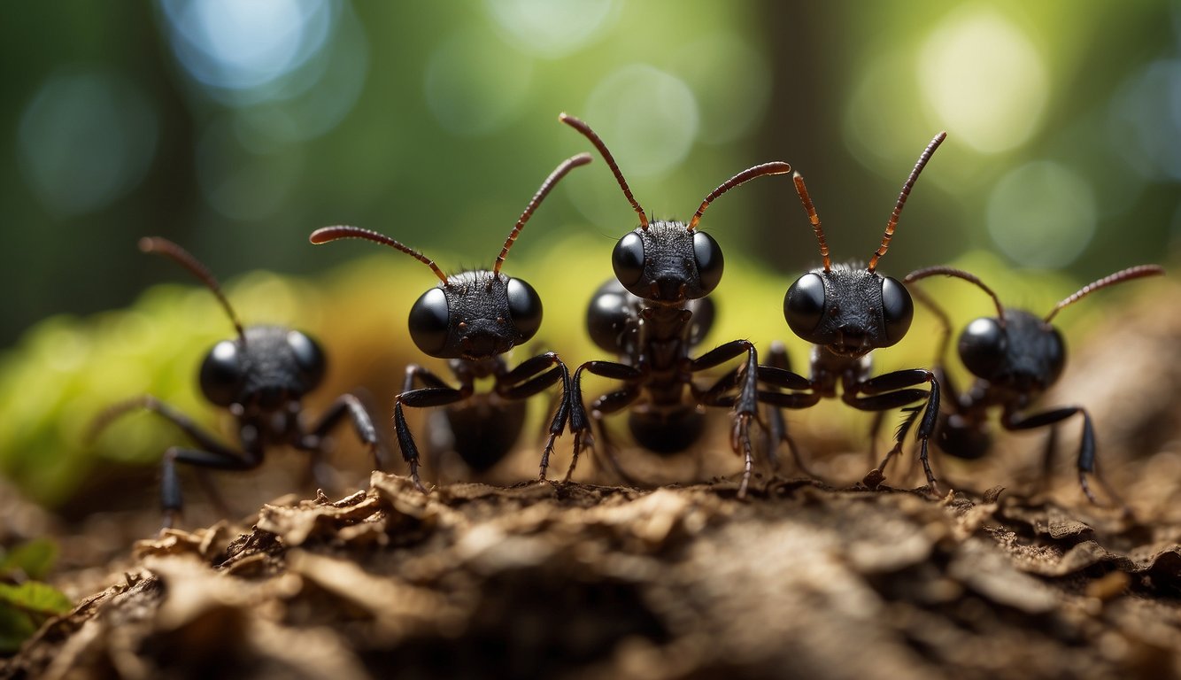 A group of ants work together to move a large piece of food across the forest floor, showcasing their strength and teamwork in the wider world
