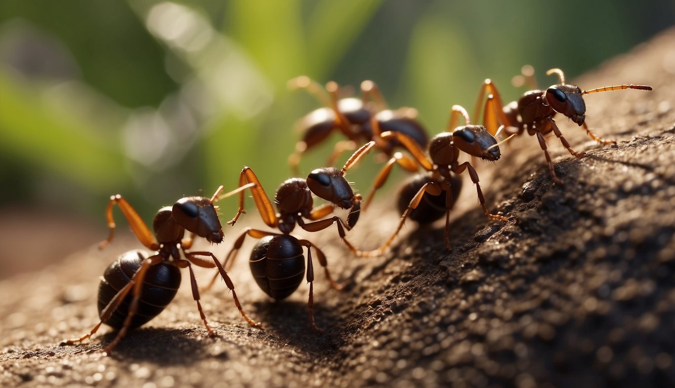 A group of ants work together to lift and carry a large object, showcasing their strength and teamwork in the insect world