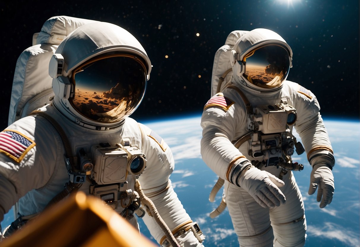 Two astronauts floating outside a spaceship, surrounded by the vastness of space, with Earth in the background. The sun illuminates their suits as they work on the exterior of the spacecraft