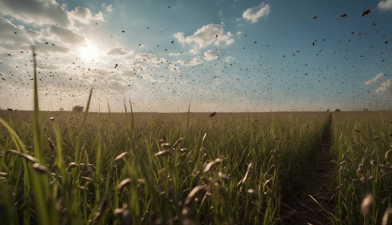 A thick cloud of locusts descends upon a field, devouring every blade of grass in their path.

The sky darkens as the insects swarm and cover the landscape in a blanket of destruction