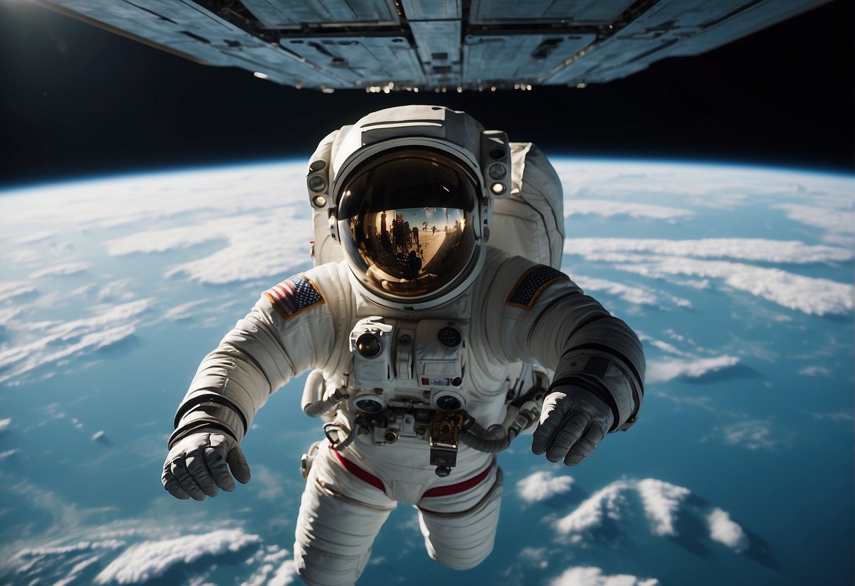 Astronauts float outside a futuristic spacecraft, surrounded by the vastness of space. Their sleek suits and advanced tools showcase the future of spacewalks