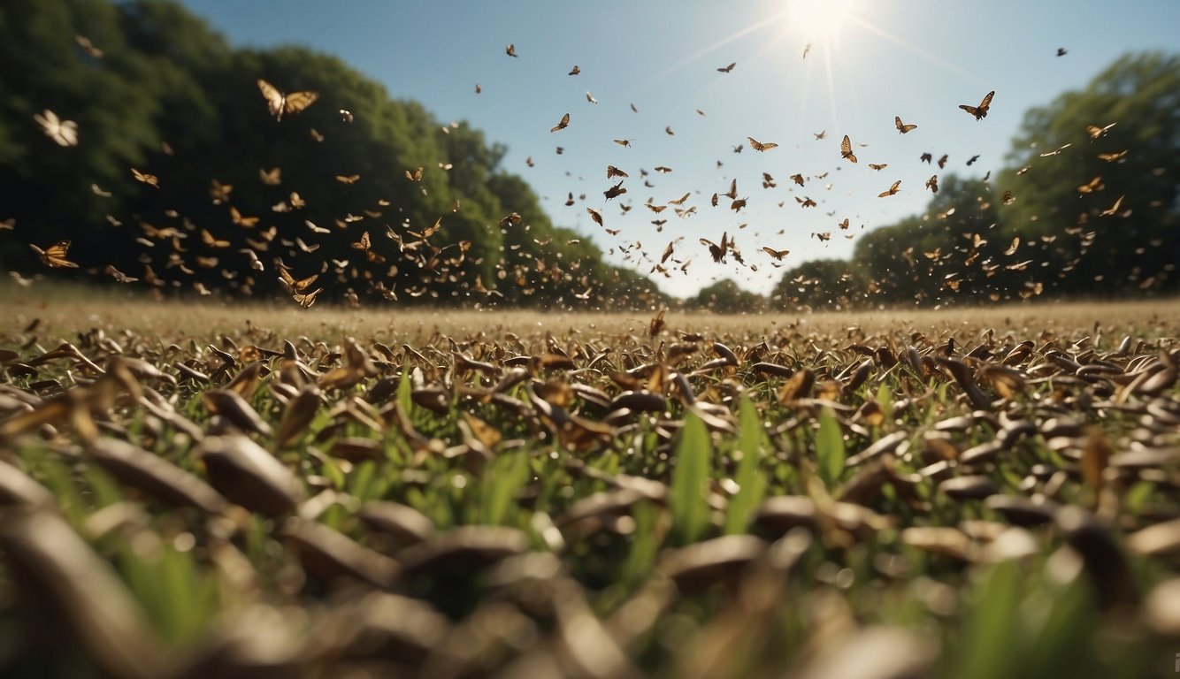 A cloud of locusts descends on a field, devouring everything in their path.

The air is filled with the sound of buzzing wings and the sight of swarming bodies