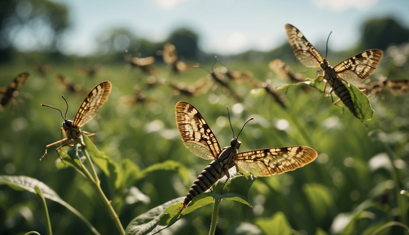 A swarm of locusts descends upon a lush field, devouring every green leaf in sight.

The air is filled with the deafening sound of buzzing wings as the insects move as one unstoppable force