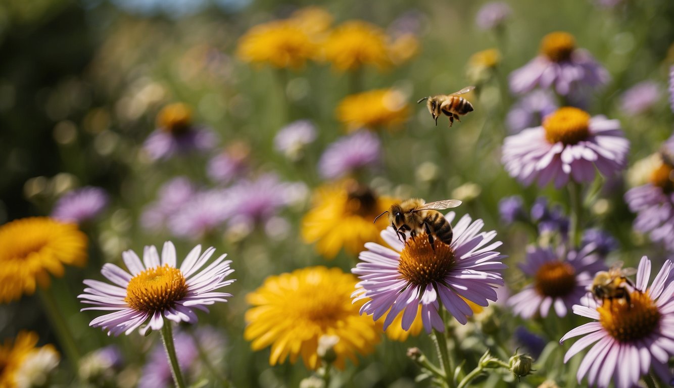 A vibrant garden filled with colorful flowers, buzzing with bees and butterflies.

A sign reads "Pollinators in Peril: How You Can Help Save the Bees."