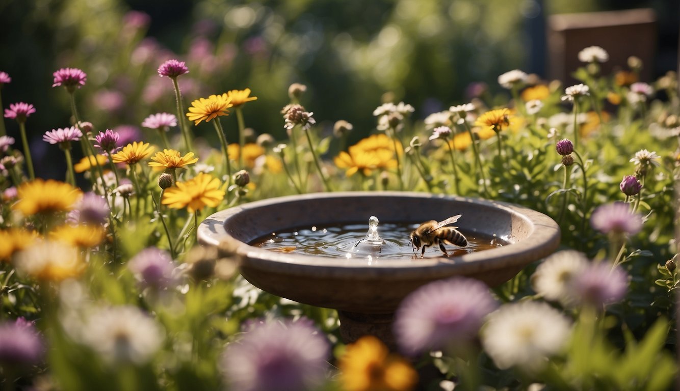 A garden with colorful flowers and buzzing bees, a sign promoting bee-friendly plants, and a person filling a bird bath with fresh water for the bees