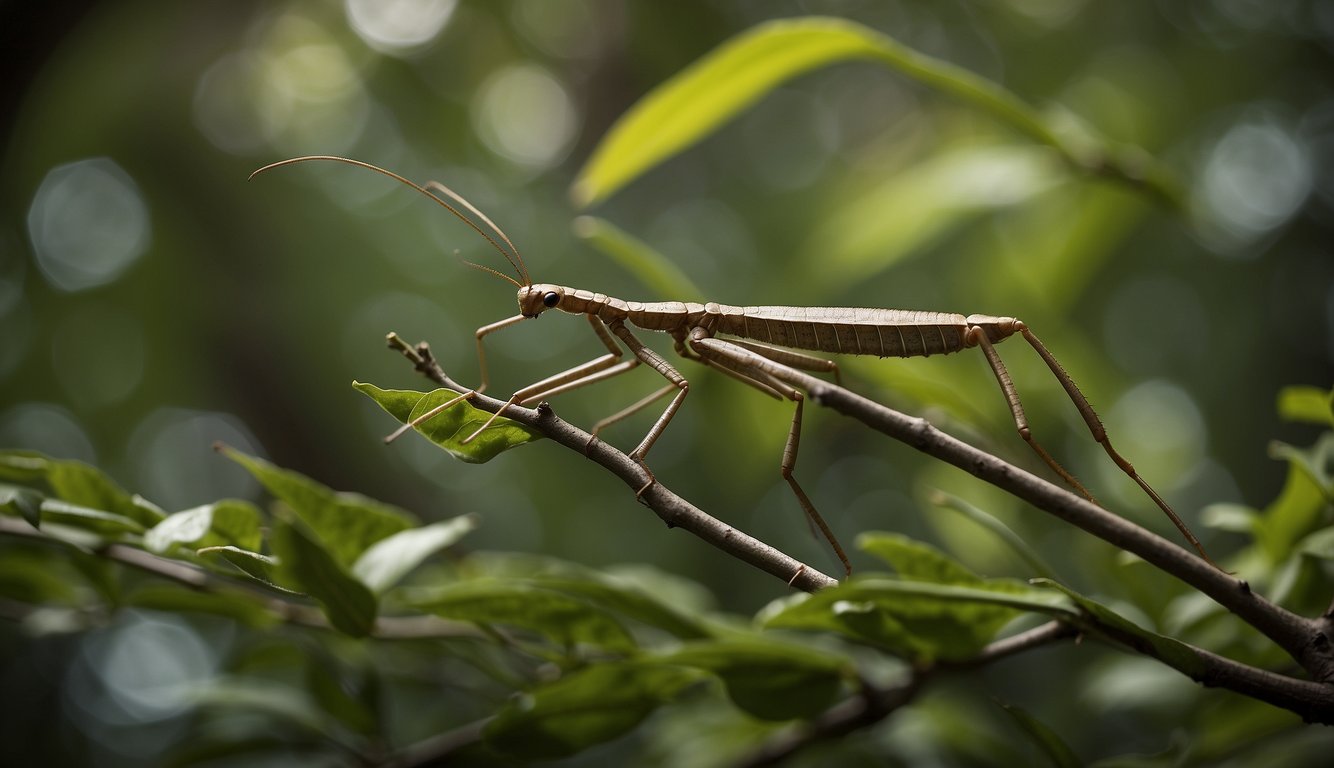 A stick insect camouflaged among branches, blending seamlessly with its surroundings to evade predators