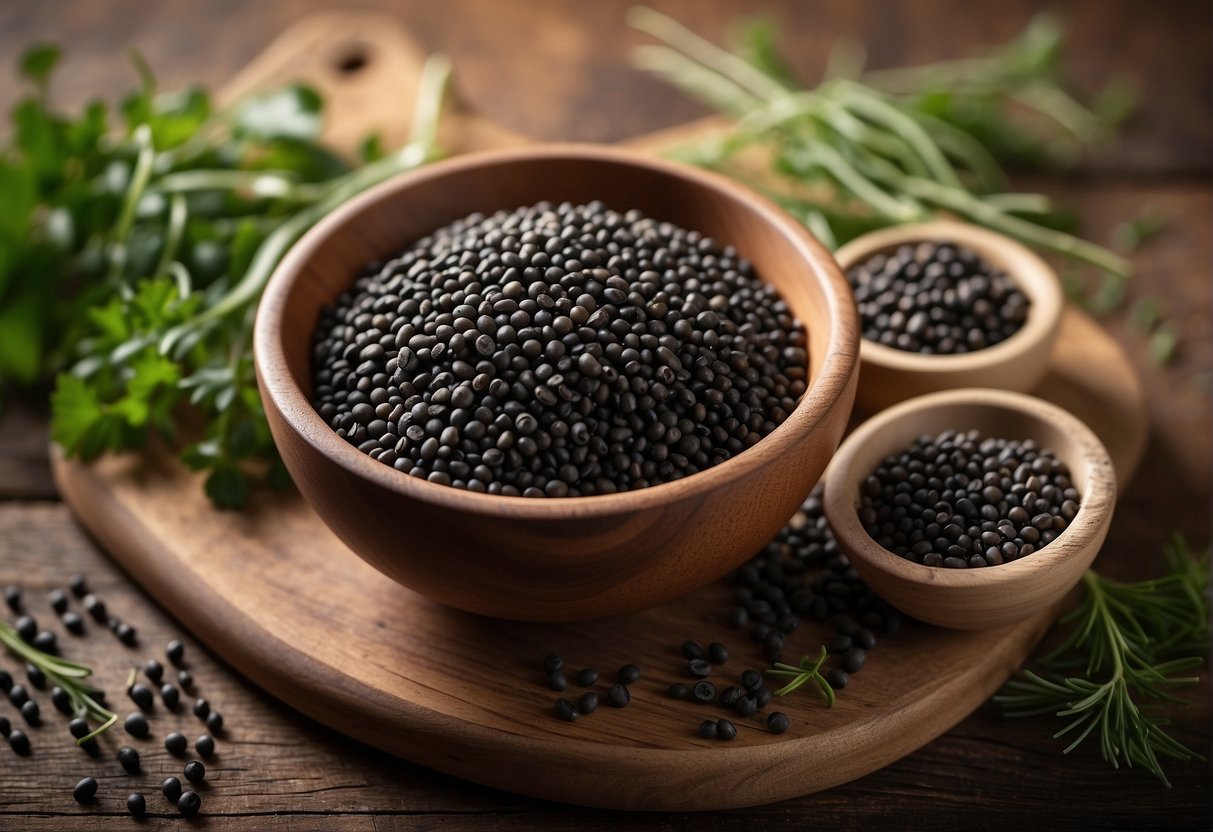 A bowl of black beluga lentils sits on a rustic wooden table, surrounded by scattered loose lentils and a few sprigs of fresh herbs