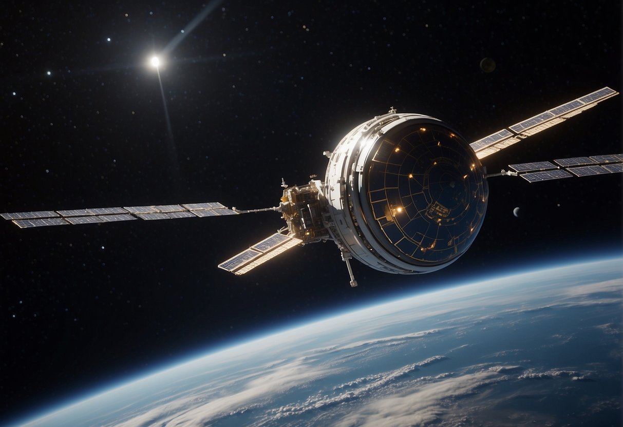 The spacecraft orbits Earth, with the glowing curvature of the planet visible through the windows. The crew floats weightlessly, surrounded by the vastness of space