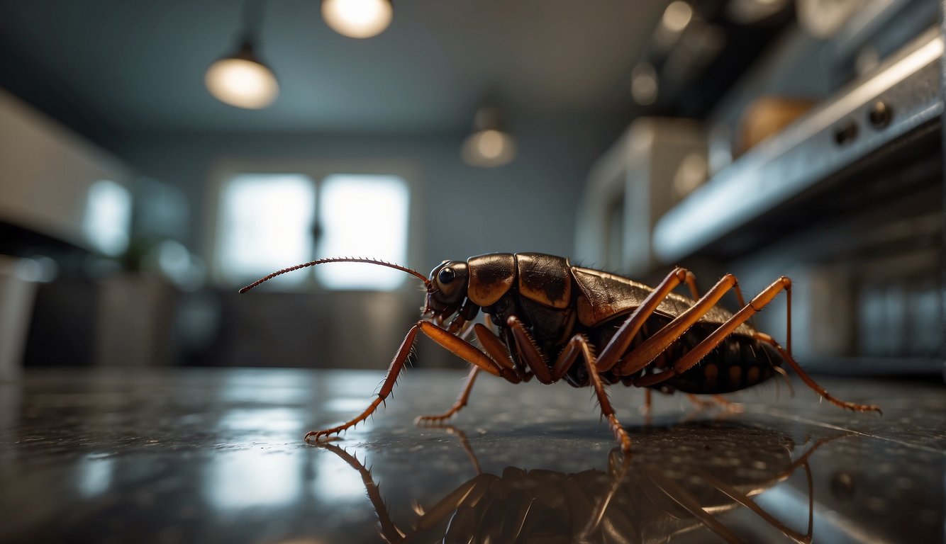 Cockroaches scuttle across a dirty kitchen floor, their shiny exoskeletons reflecting the dim light.

They navigate effortlessly around obstacles, showcasing their adaptability and resilience
