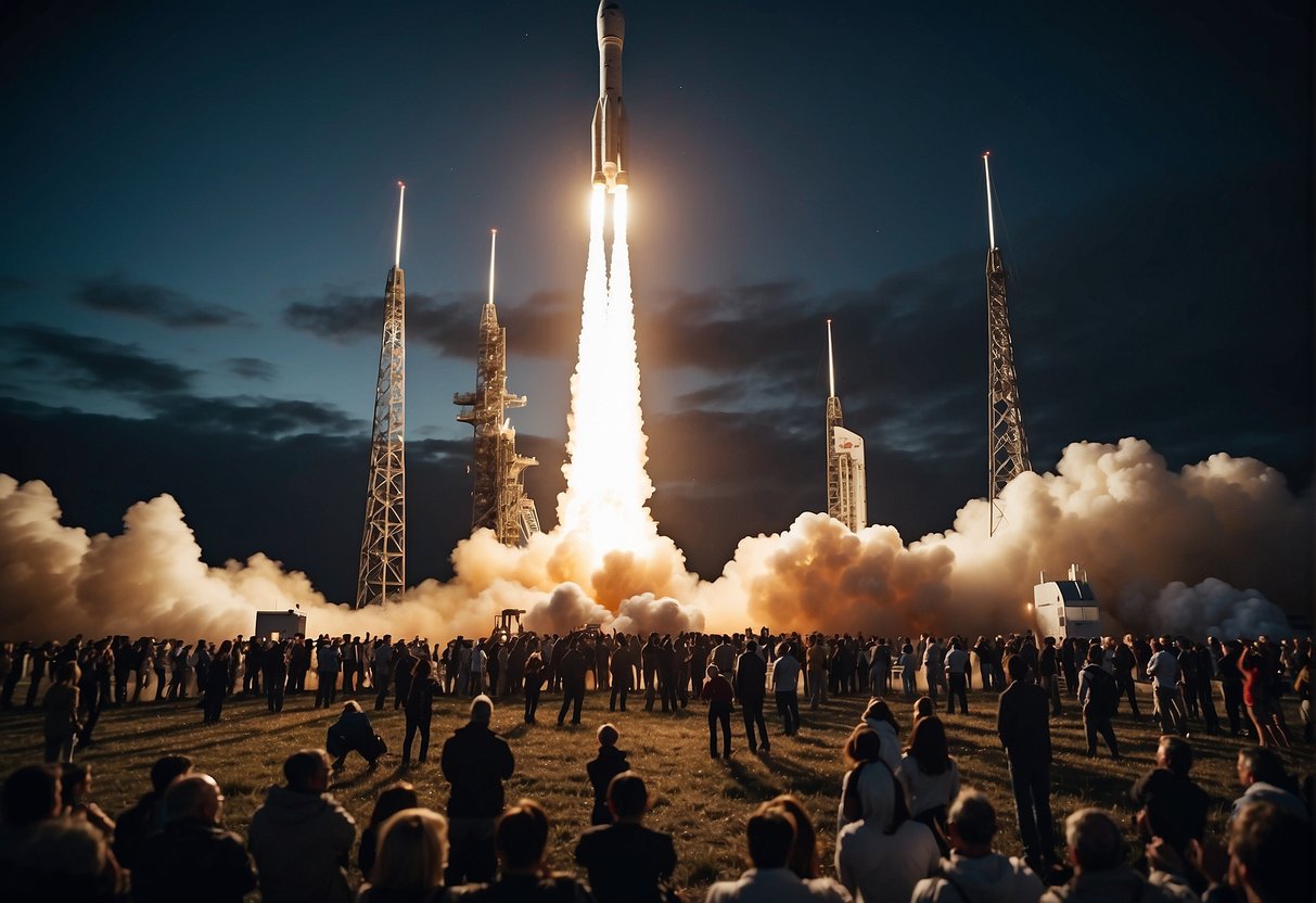 A rocket launches into space with a crew of civilian astronauts, surrounded by media coverage and excitement