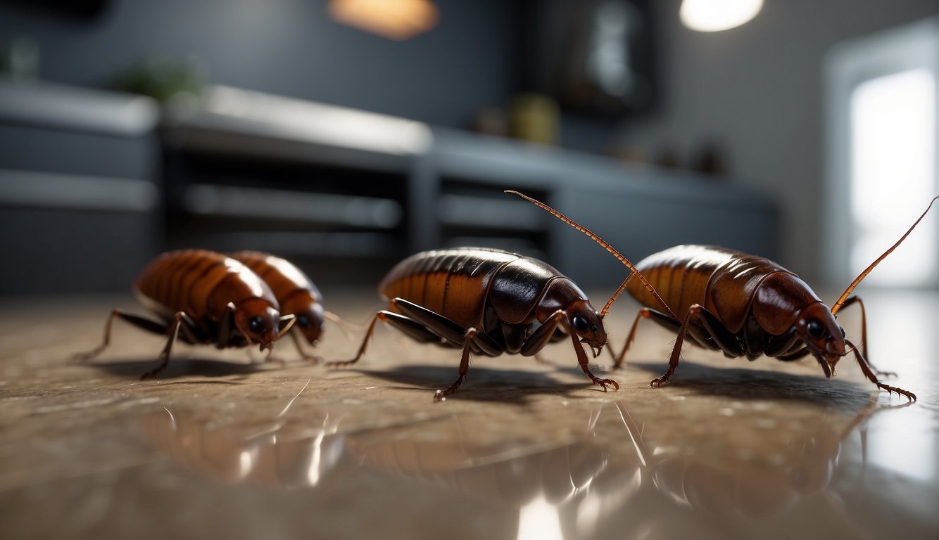 Cockroaches scurry across a kitchen floor, their sleek bodies reflecting the light.

They move with purpose, their antennae twitching as they navigate the space