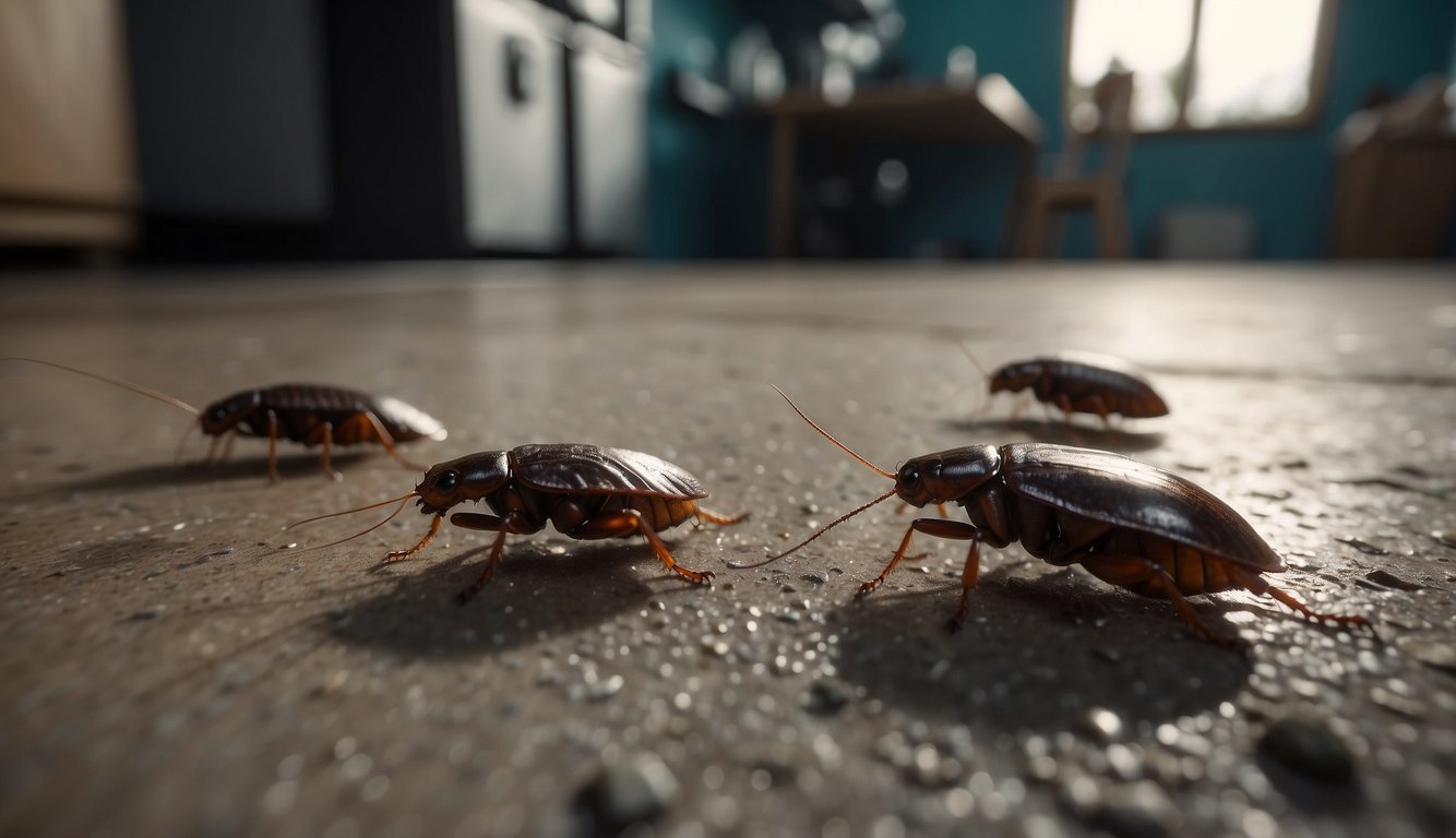 Cockroaches scuttle across a grimy kitchen floor, unfazed by the chaos around them.

They navigate effortlessly through the debris, a testament to their resilience
