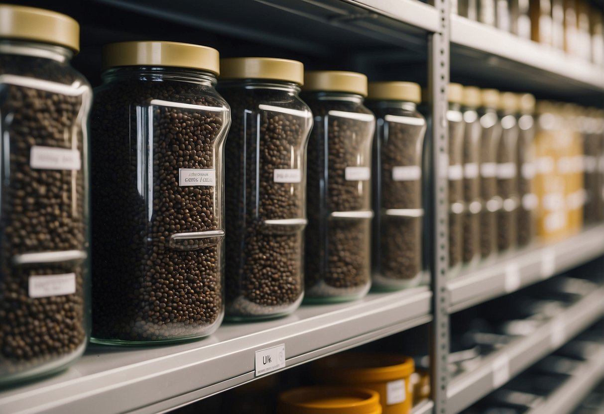 Black beluga lentils are carefully stored in airtight containers to preserve their freshness. The containers are labeled and organized on shelves in a cool, dry pantry