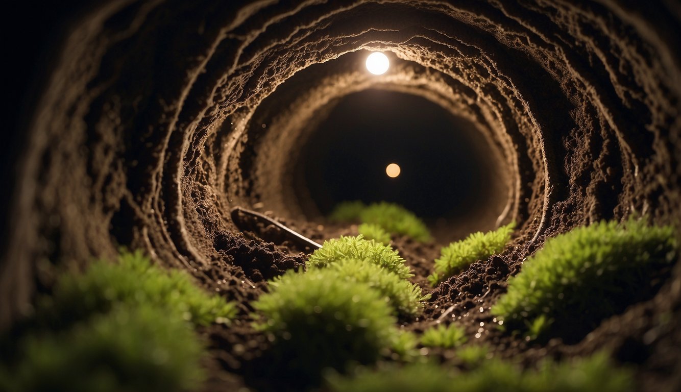 A bustling underground world of worms, tunneling through rich, dark soil, creating intricate networks and enriching the earth with their vital work