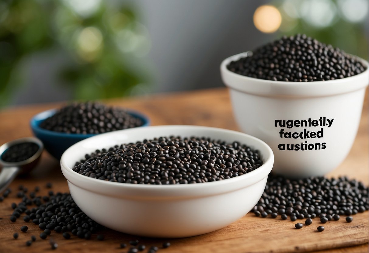 A bowl of black beluga lentils surrounded by text "Frequently Asked Questions" in bold font