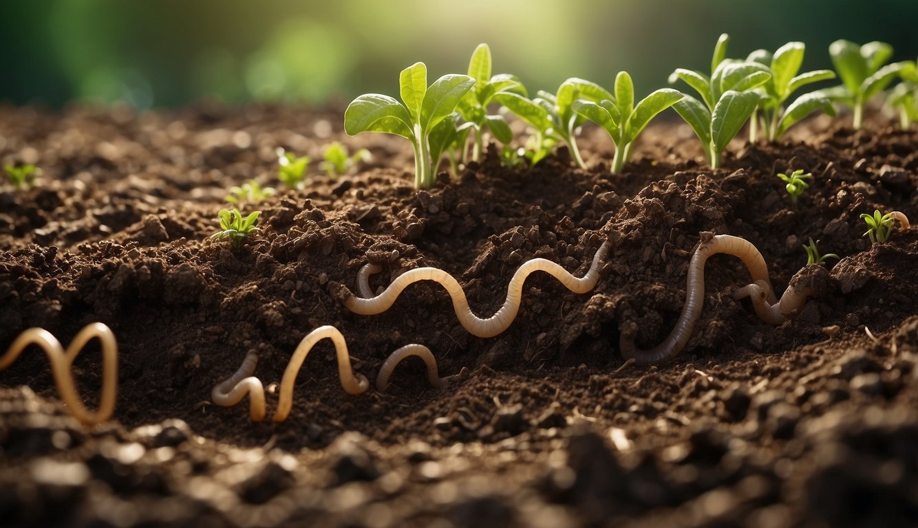 The illustration shows worms burrowing through rich soil, surrounded by roots and organic matter.

Above ground, plants thrive in the healthy ecosystem created by these underground engineers