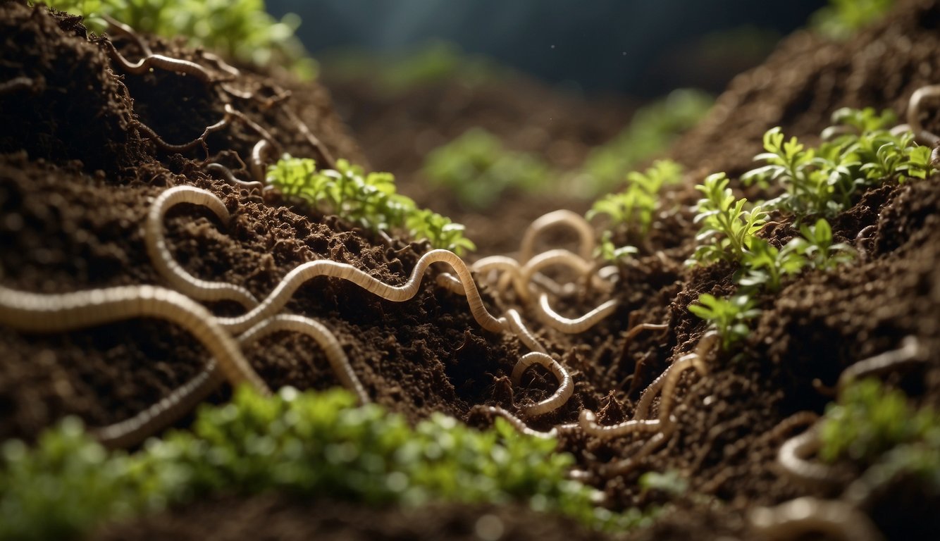 A bustling underground world of worms, tunnels crisscrossing through soil, roots, and organic matter.

The worms diligently work, creating a complex network beneath the surface