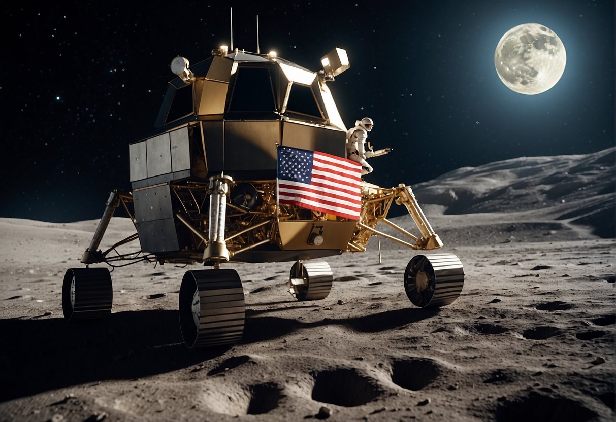 A lunar module lands on the moon's surface, surrounded by stars and craters. The American flag is planted in the ground, with Earth visible in the distance