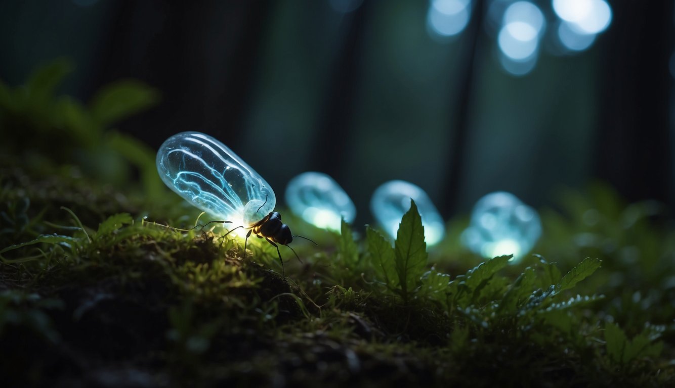Glow-worms emit bioluminescent light in the dark forest, creating a mesmerizing display of communication and attraction