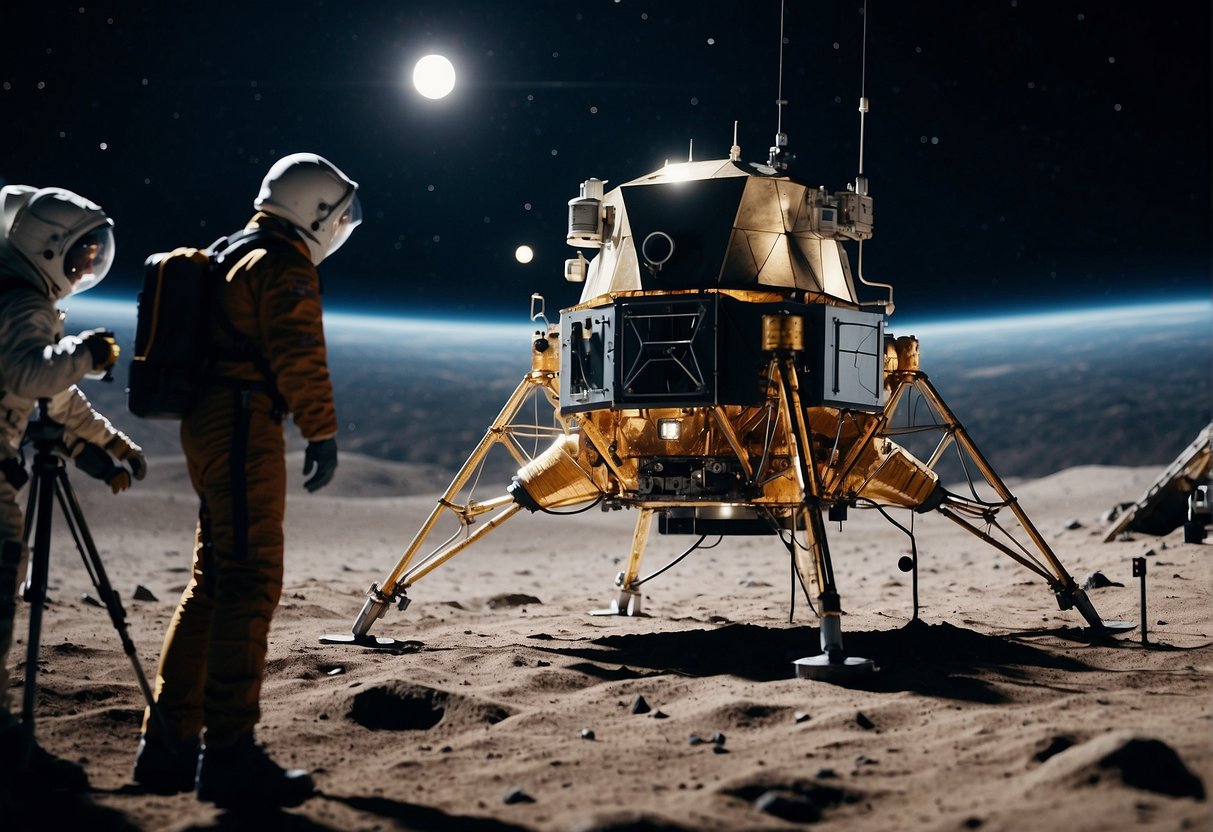 A lunar lander sits on the surface, surrounded by high-tech equipment and cameras. A screen displays data and images, while a film crew captures the scene