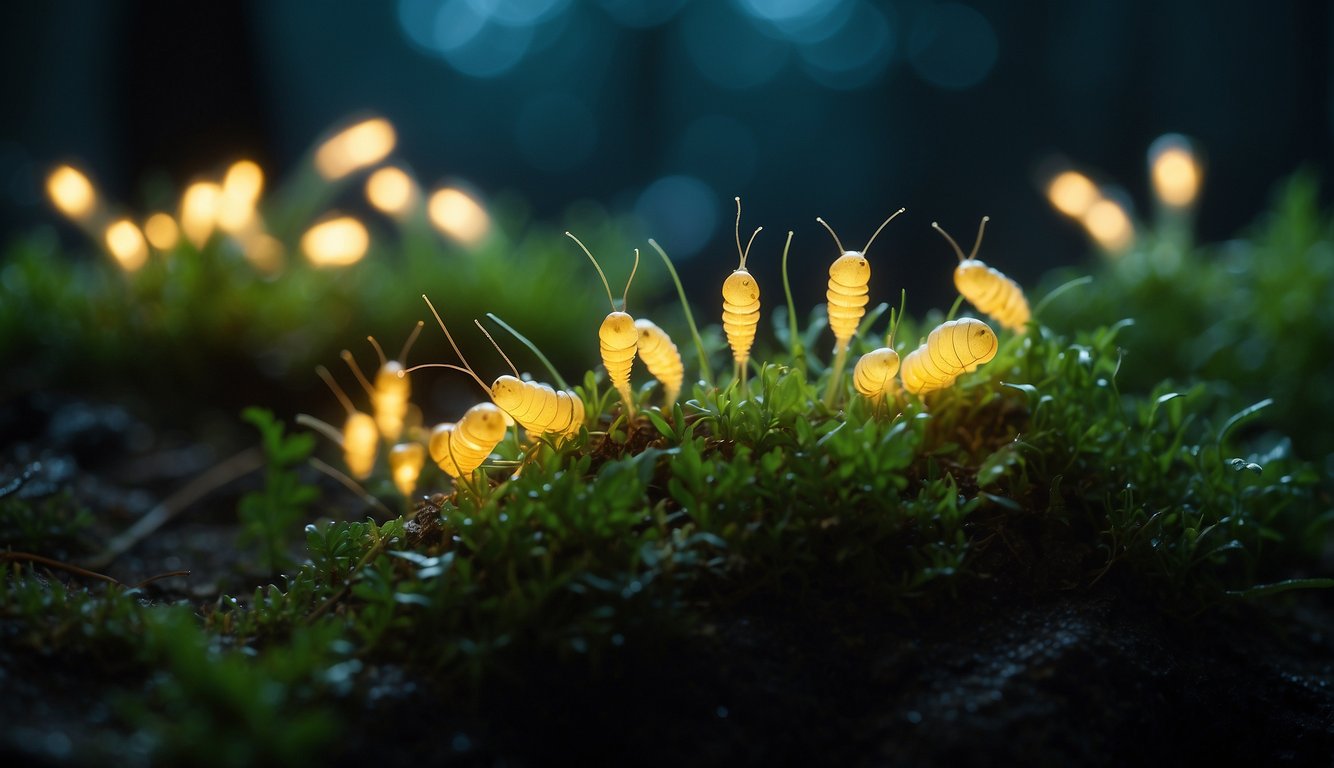 Glow-worms illuminate the damp, dark ecosystem with their bioluminescent glow, creating a delicate balance in the natural world