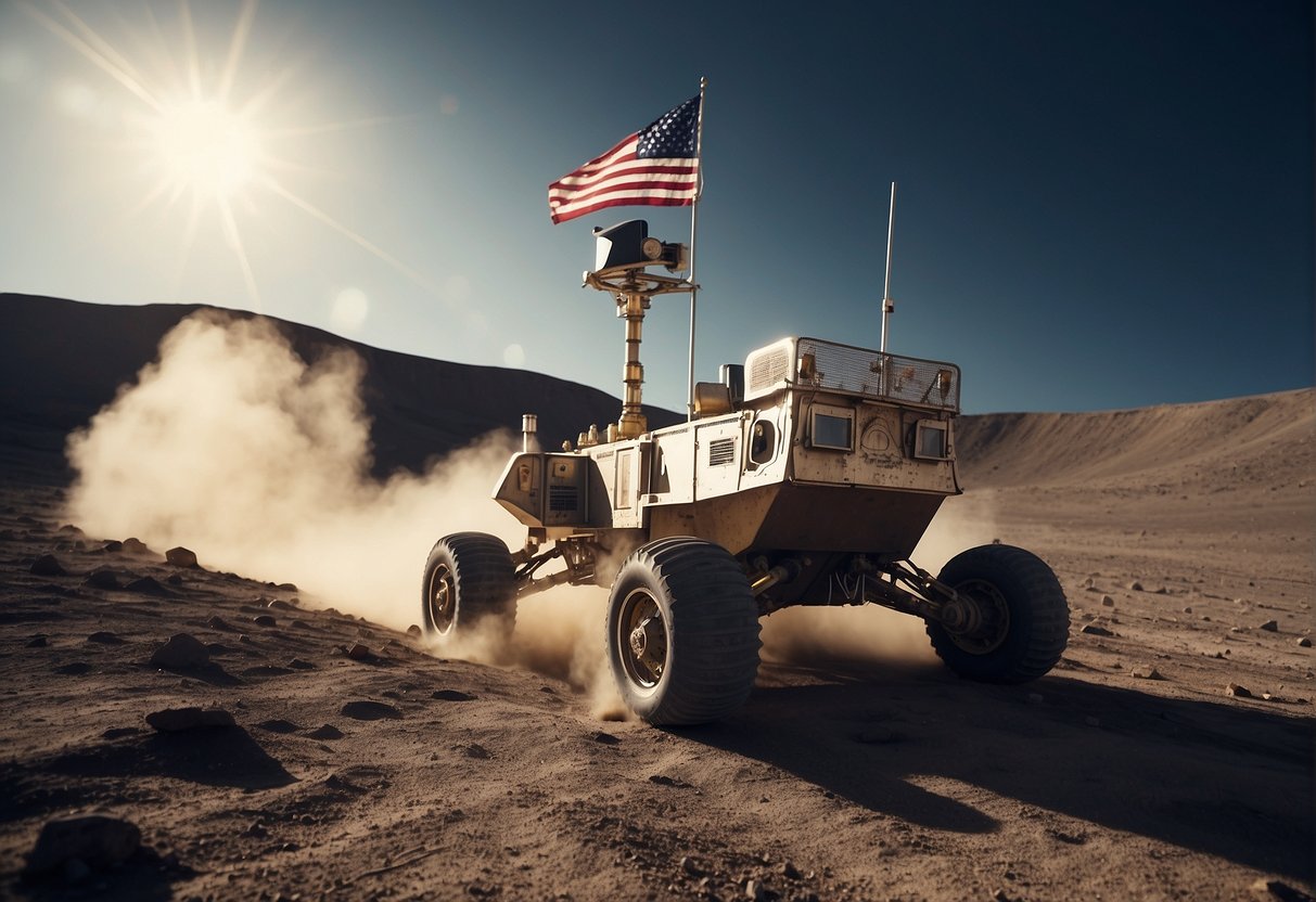 A lunar rover explores a crater, its wheels leaving tracks in the dusty surface. The Earth looms large in the sky, casting a soft glow over the desolate landscape