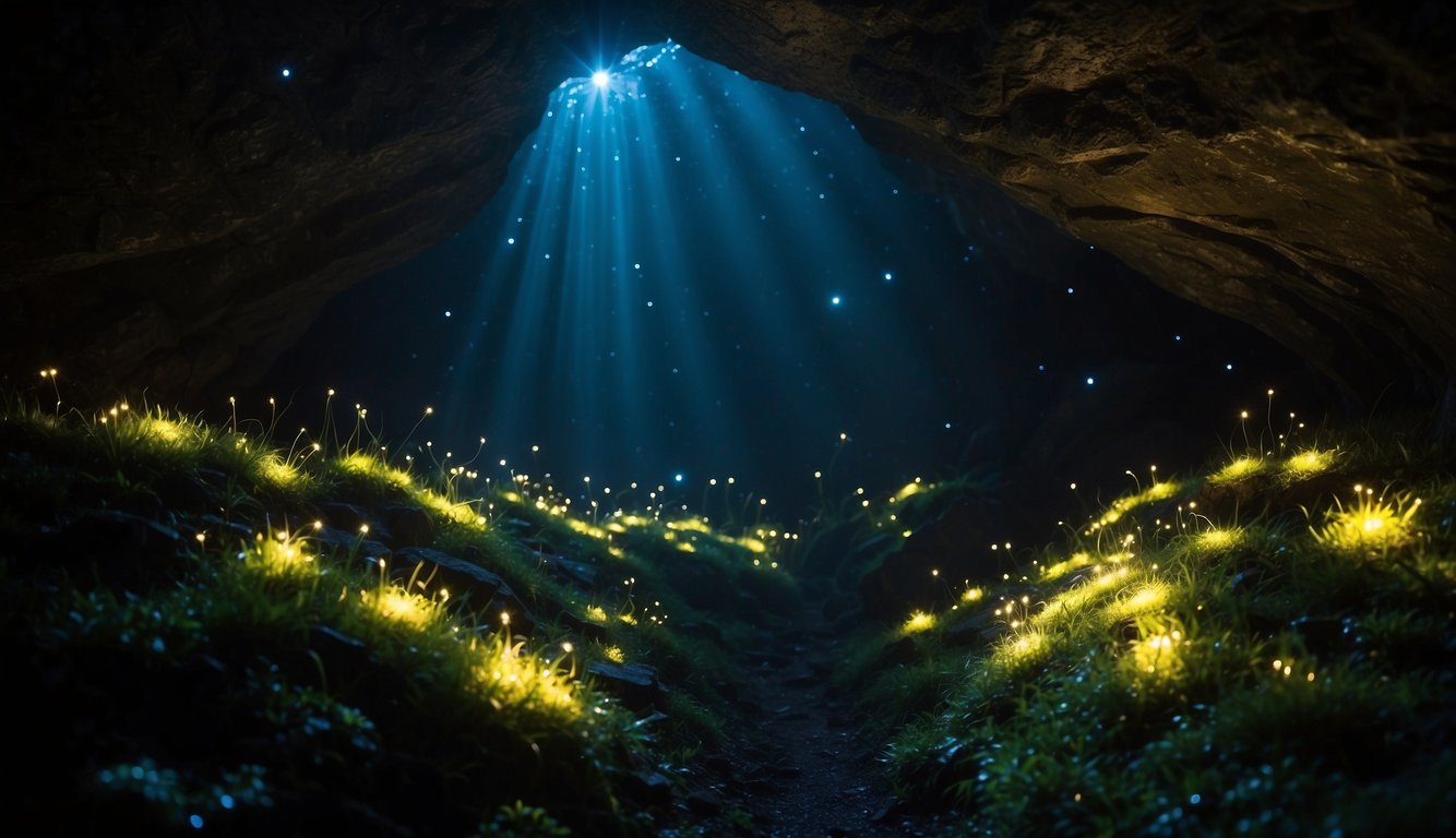 Glow-worms illuminate a dark, damp cave with their bioluminescent glow, creating a mesmerizing display of tiny twinkling lights