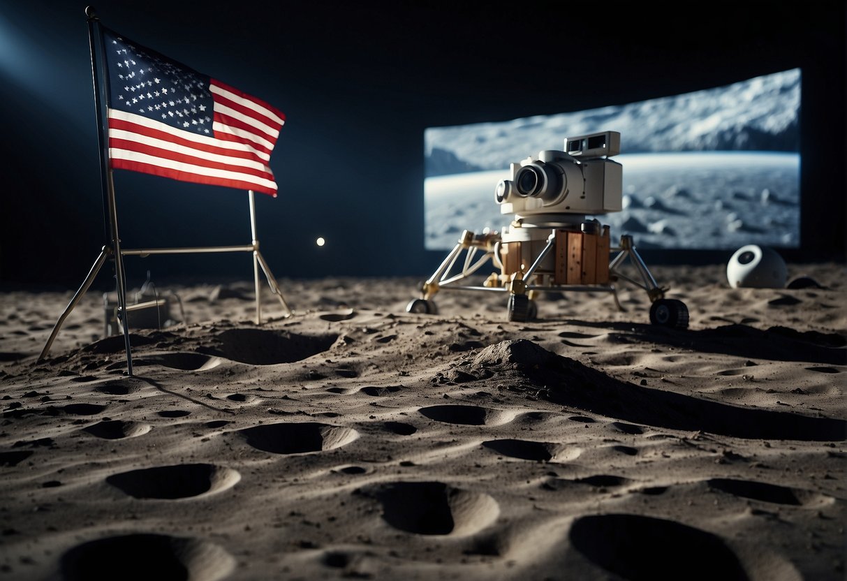 A lunar landscape with a flag planted in the ground, surrounded by a film projector and TV screens displaying conflicting images of lunar landings