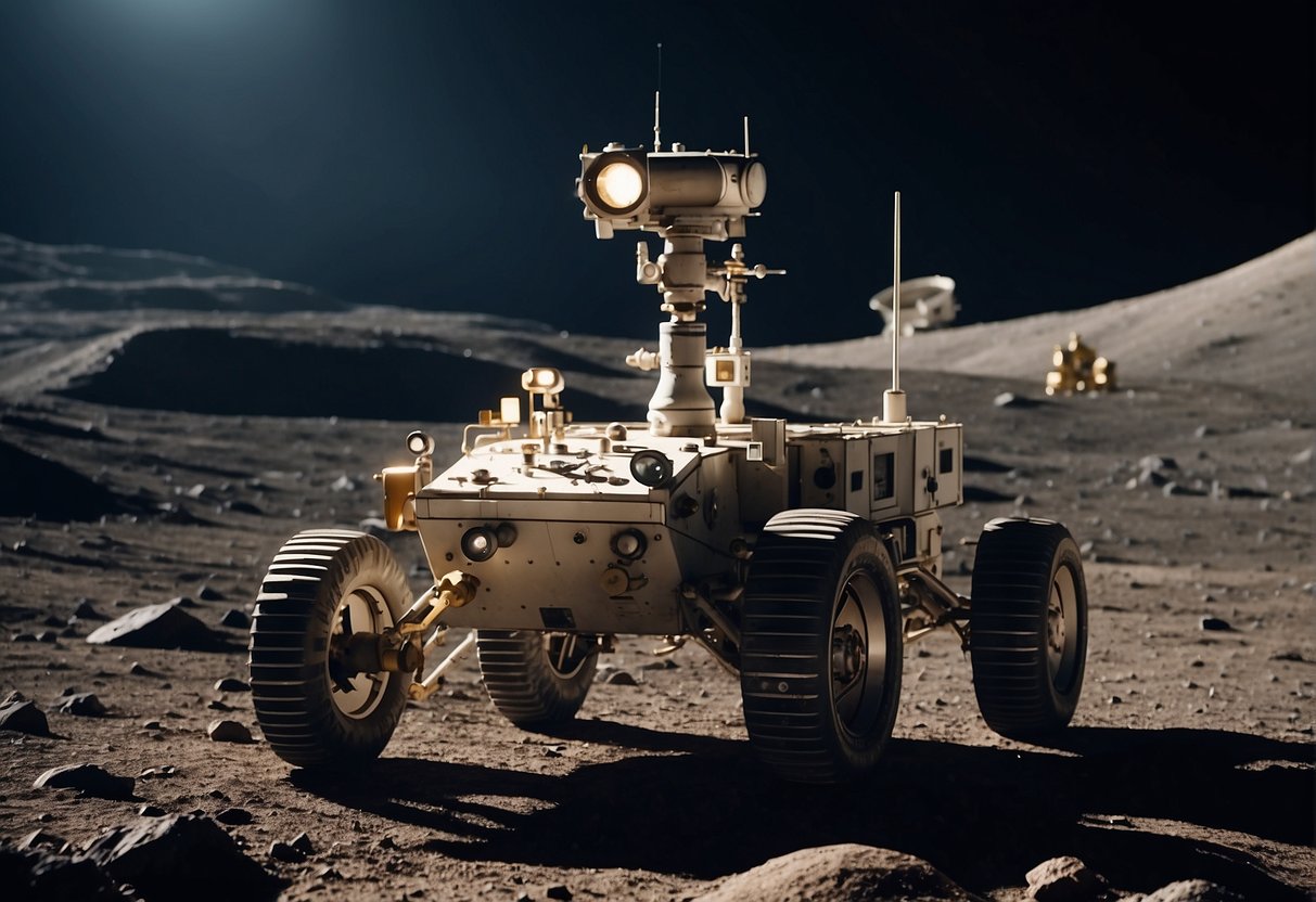 A lunar rover travels across the rugged surface of the moon, with Earth visible in the distance. A space station hovers above, as astronauts work on various experiments and repairs