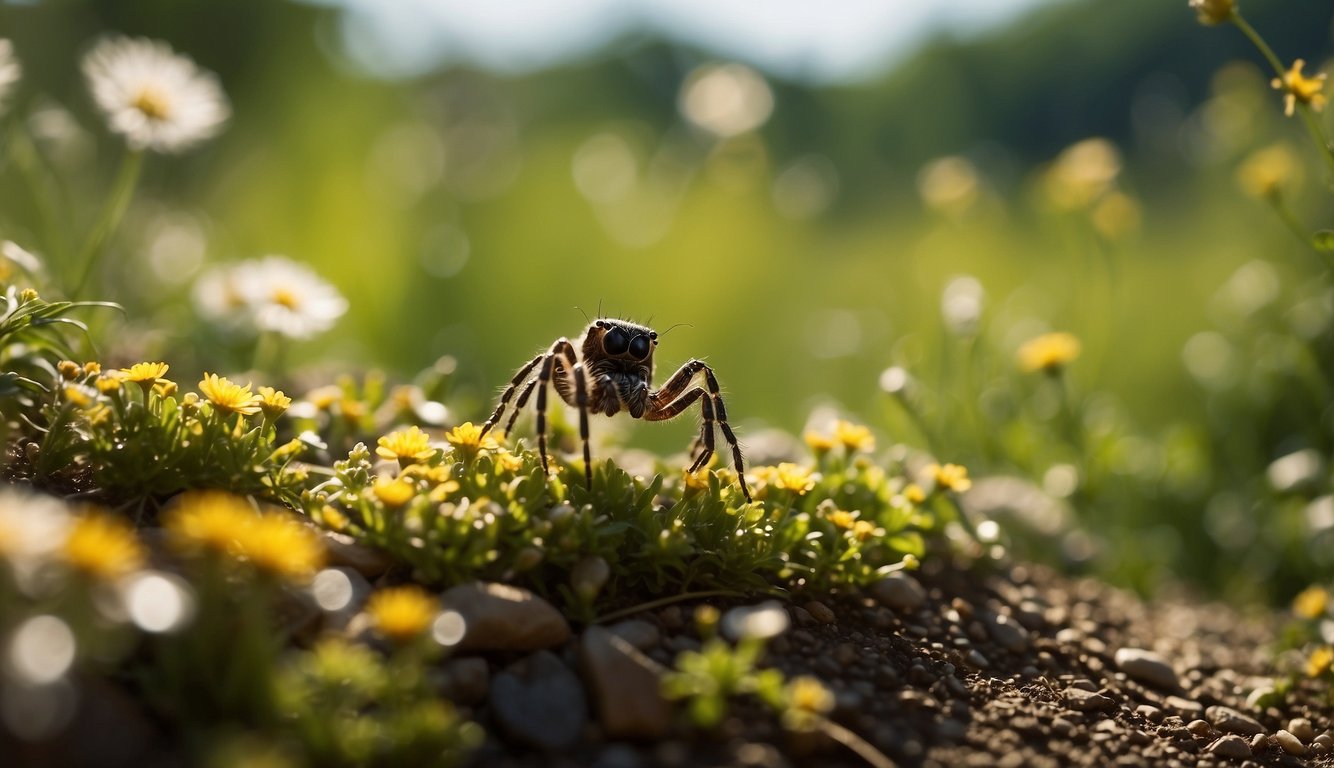 In a lush, vibrant ecosystem, insects buzz and flutter among flowers and plants.

A spider weaves its delicate web, while ants scurry along the ground.

The scene is teeming with life, showcasing the important role of insects in our ecosystem