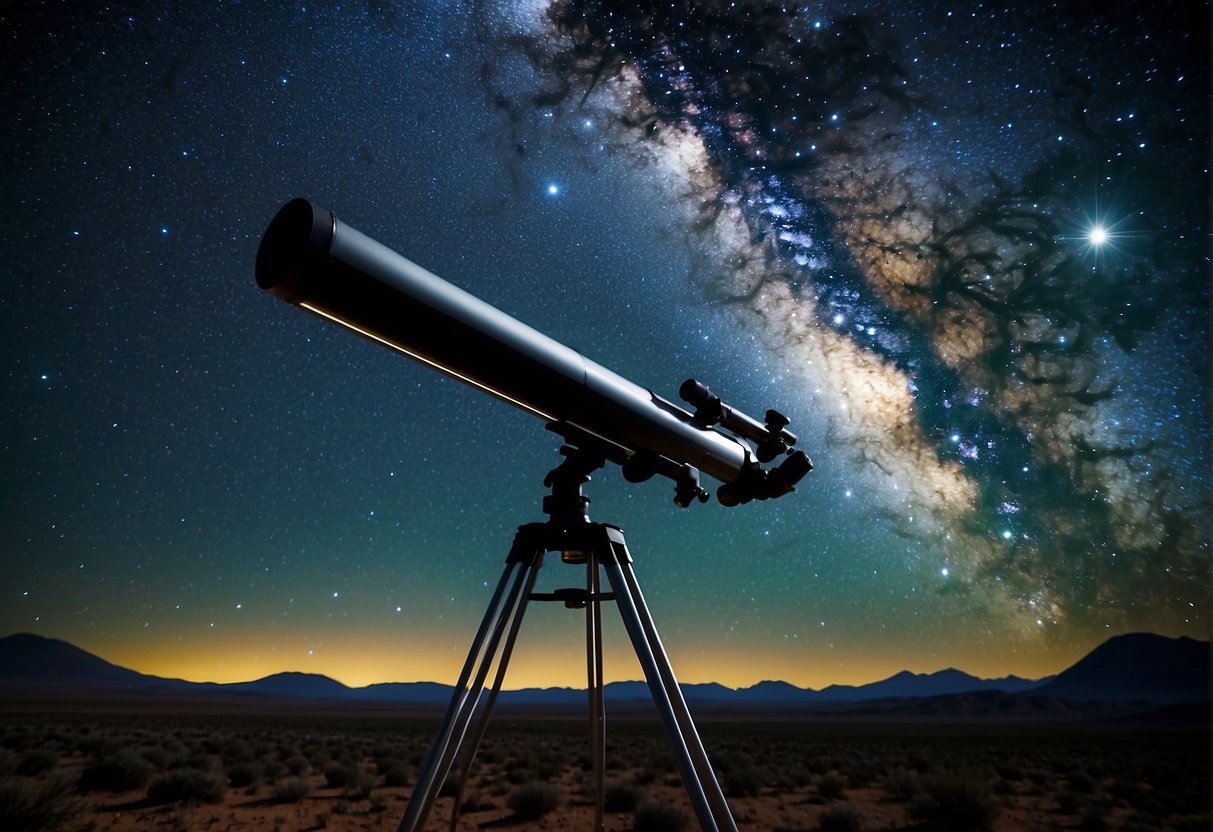 Astrophotography  - A night sky filled with stars and galaxies, with a telescope and camera capturing the celestial beauty. The Milky Way stretches across the sky, creating a mesmerizing backdrop for a futuristic movie scene