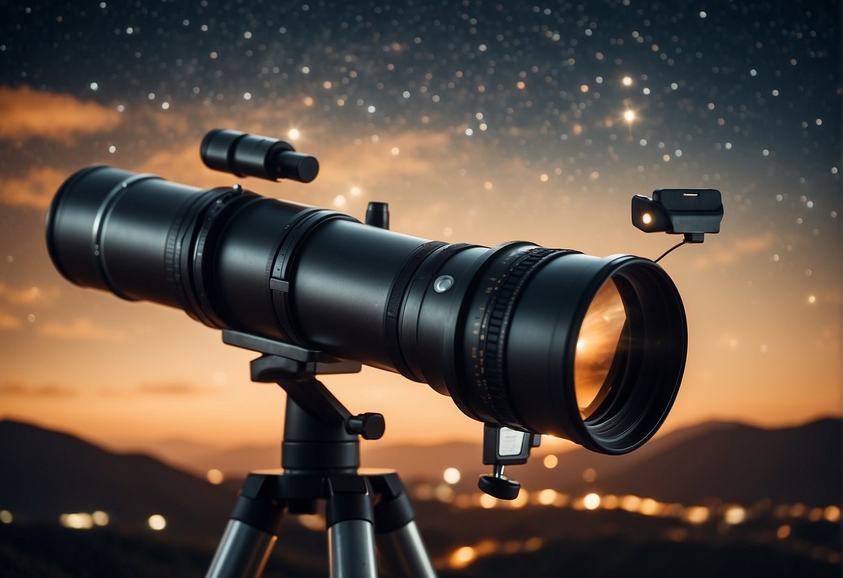 A telescope pointed at the night sky, capturing stars and galaxies. A camera attached to the telescope records the celestial bodies in intricate detail