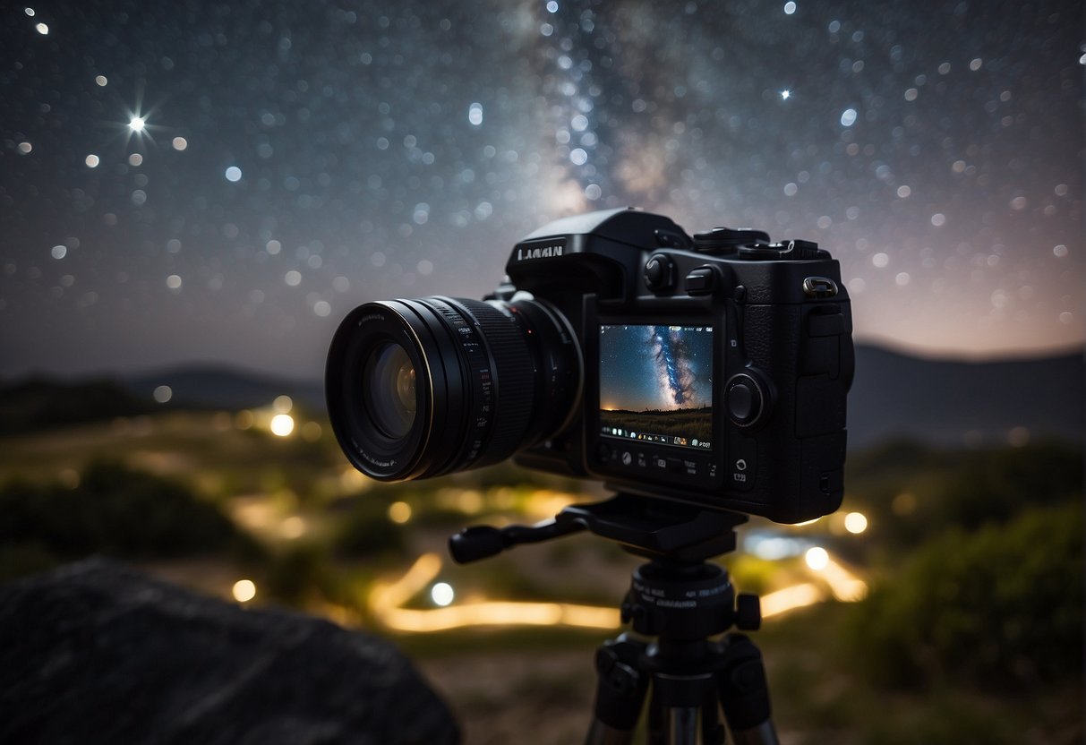 A camera on a tripod captures a stunning night sky, with stars and galaxies shining brightly against a dark backdrop. The camera settings are adjusted to capture the beauty of the cosmos