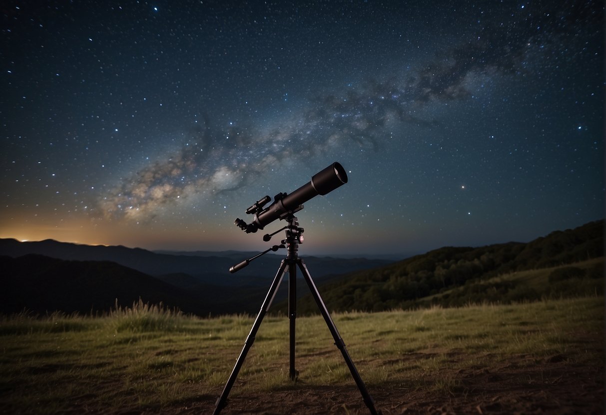 A camera on a tripod captures the night sky, with a telescope nearby. The Milky Way stretches across the sky, and distant galaxies and nebulae are visible. Bright stars twinkle in the darkness