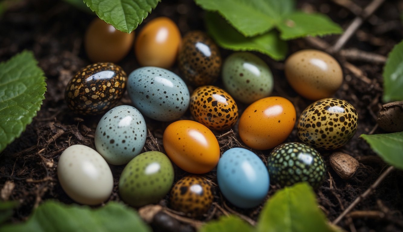 Insect eggs of various shapes, sizes, and colors cover the forest floor, nestled among leaves and twigs.

Some are round and speckled, while others are elongated and striped. The vibrant hues of the eggs stand out against the earth