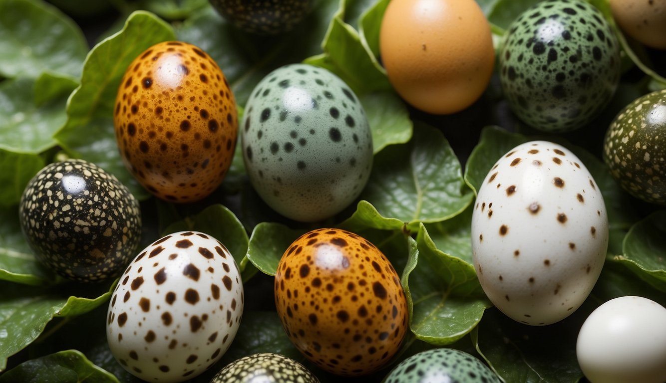 A variety of insect eggs in different shapes, sizes, and colors scattered across a leafy green background