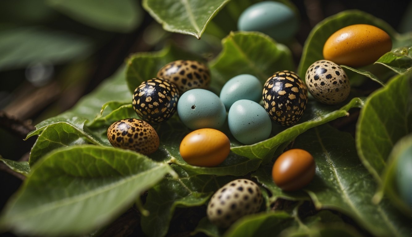 Insect eggs of various shapes, sizes, and colors are nestled among leaves and twigs, showcasing the fascinating diversity of the insect world