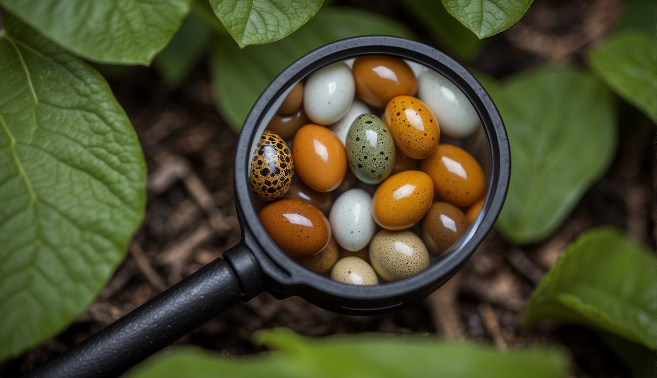 Insect eggs of various shapes, sizes, and colors scattered on a leafy background, with a magnifying glass nearby for closer inspection