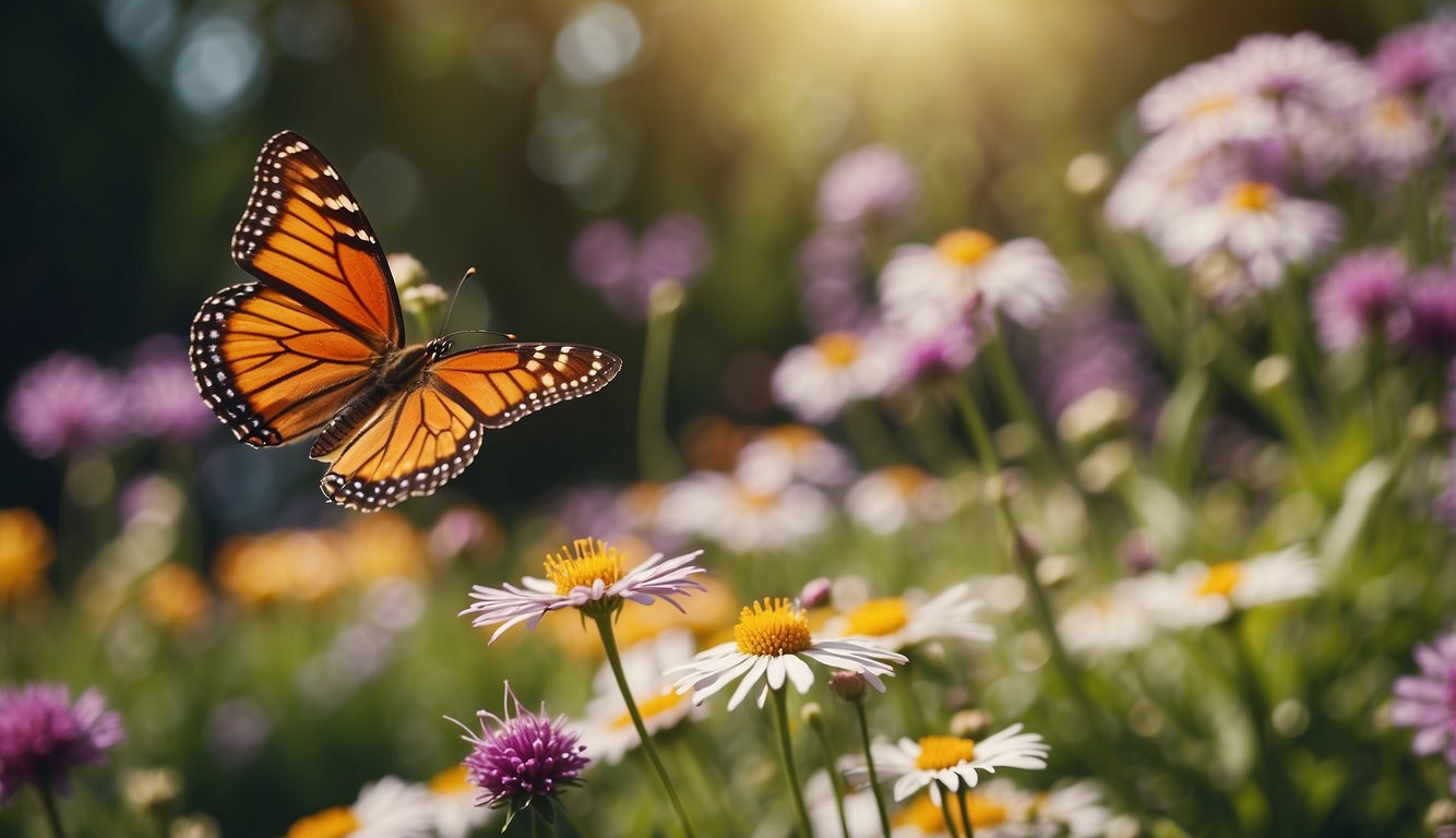 Colorful flowers bloom in a sun-drenched garden.

Butterflies flutter among the petals, drawn to the nectar and vibrant hues. A small fountain provides a gentle water source