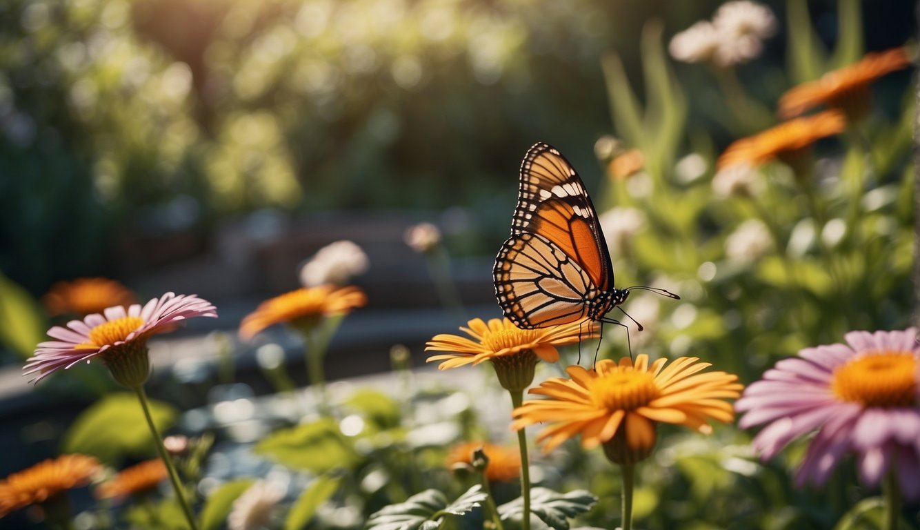 A vibrant garden with colorful flowers and plants, a small pond or water feature, and plenty of sunlight.

Butterflies fluttering around, sipping nectar from the flowers, and resting on the leaves